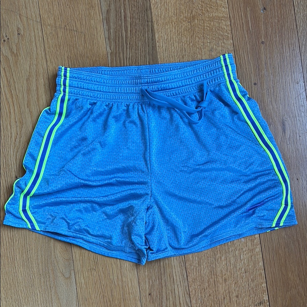Blue Athletic Shorts with Neon Green Stripes, Nike